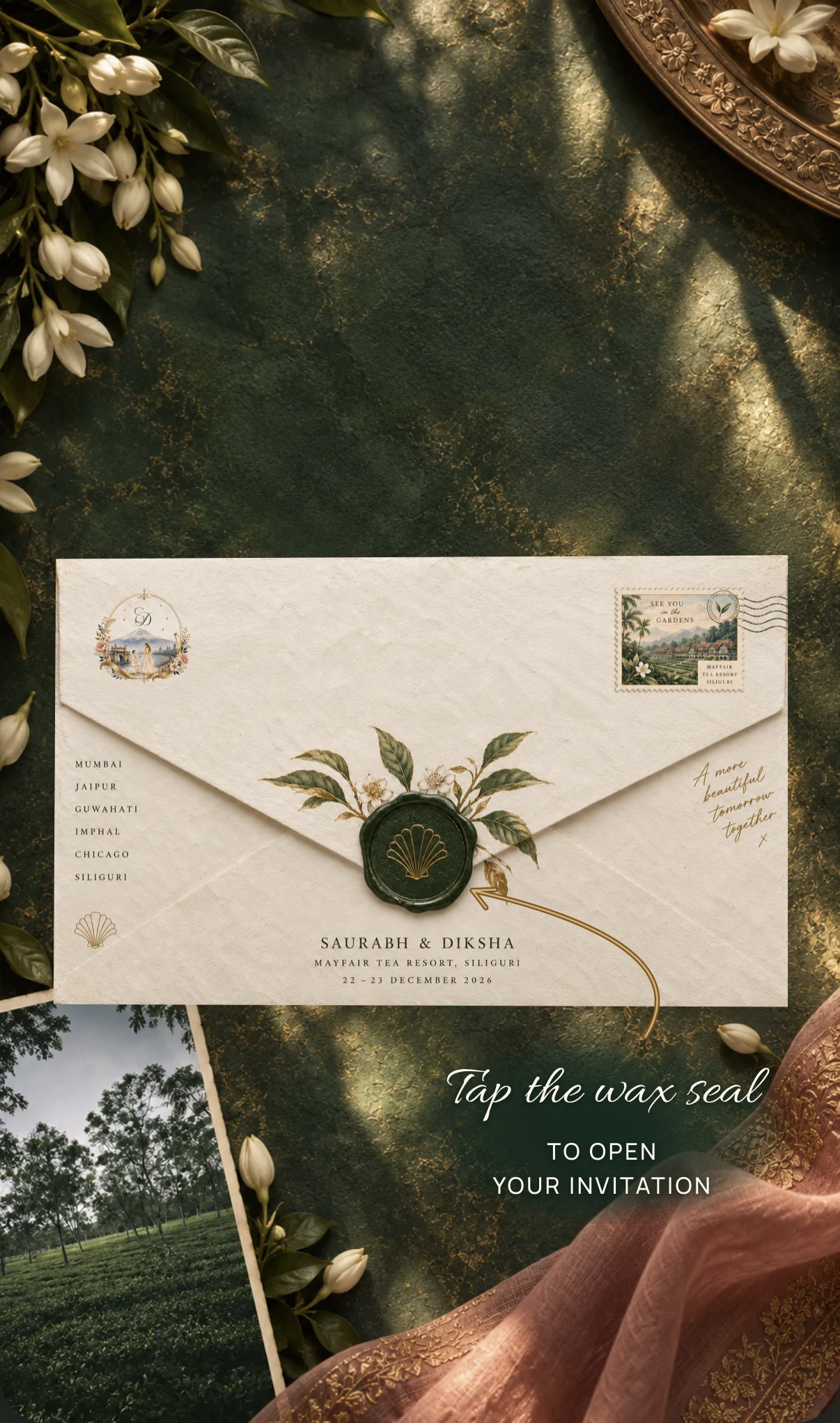 Saurabh and Diksha’s wedding invitation with a green wax seal